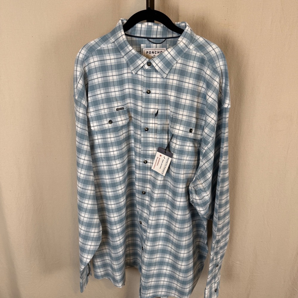 New Poncho Mens 3XL Blue Plaid Magnetic Pocket Button Down Shirt Regular Fit